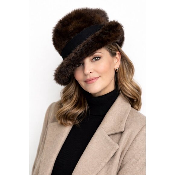 Vintage Leslie James Dark Brown Mink Fur & Wool Cloche Hat Classic 1950s  S
